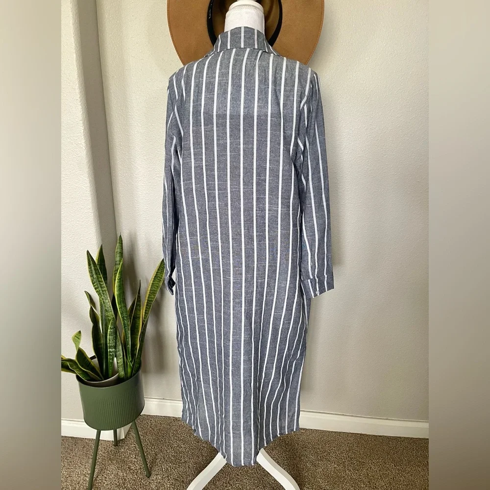 New - Striped Blue & White Sheer Swim Cover Up / Kimono / Button Up Shirt Dress - Picture 8 of 14
